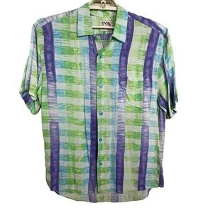 Vintage Jams World‎ Blue Check Rayon Shirt Floral Men's Size M Hawaiian